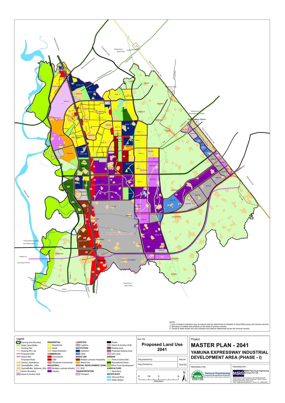 YEIDA 2041 Master Plan map showing residential, commercial, industrial, and green zones across the Yamuna Expressway region.